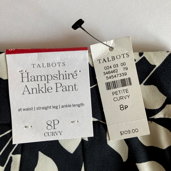 NWT Talbots Hampshire Pants Curvy Fit 8P Ankle Length Black Ivory Leaf Print - Picture 6 of 14